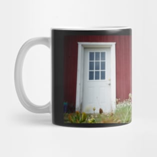 White Door on Red Building Mug